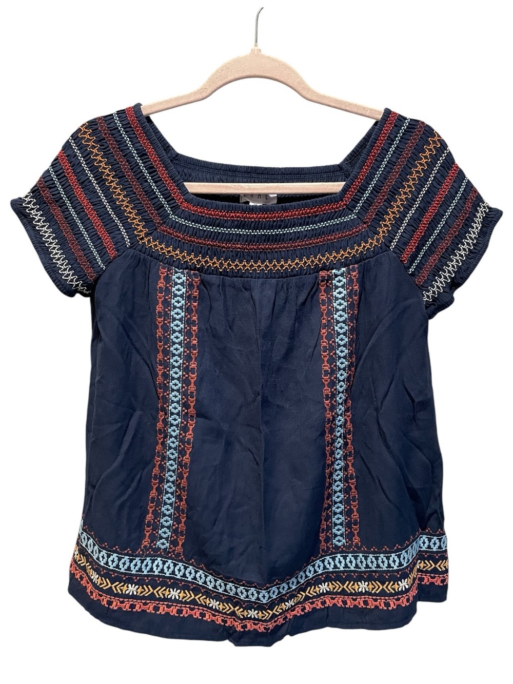 THML embroidered boho top. Navy Blue. Size M